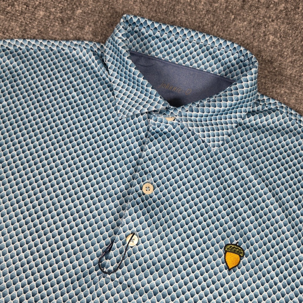 johnnie-O Polo Shirt Mens M Blue Geometric Spanish Oaks Golf Club JMPO4170 NWOT